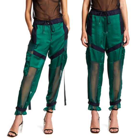 Sacai Mesh Cargo Trousers In Black Cupro Transparent High Waist Ankle Cuffs Sz 1 - Picture 1 of 8